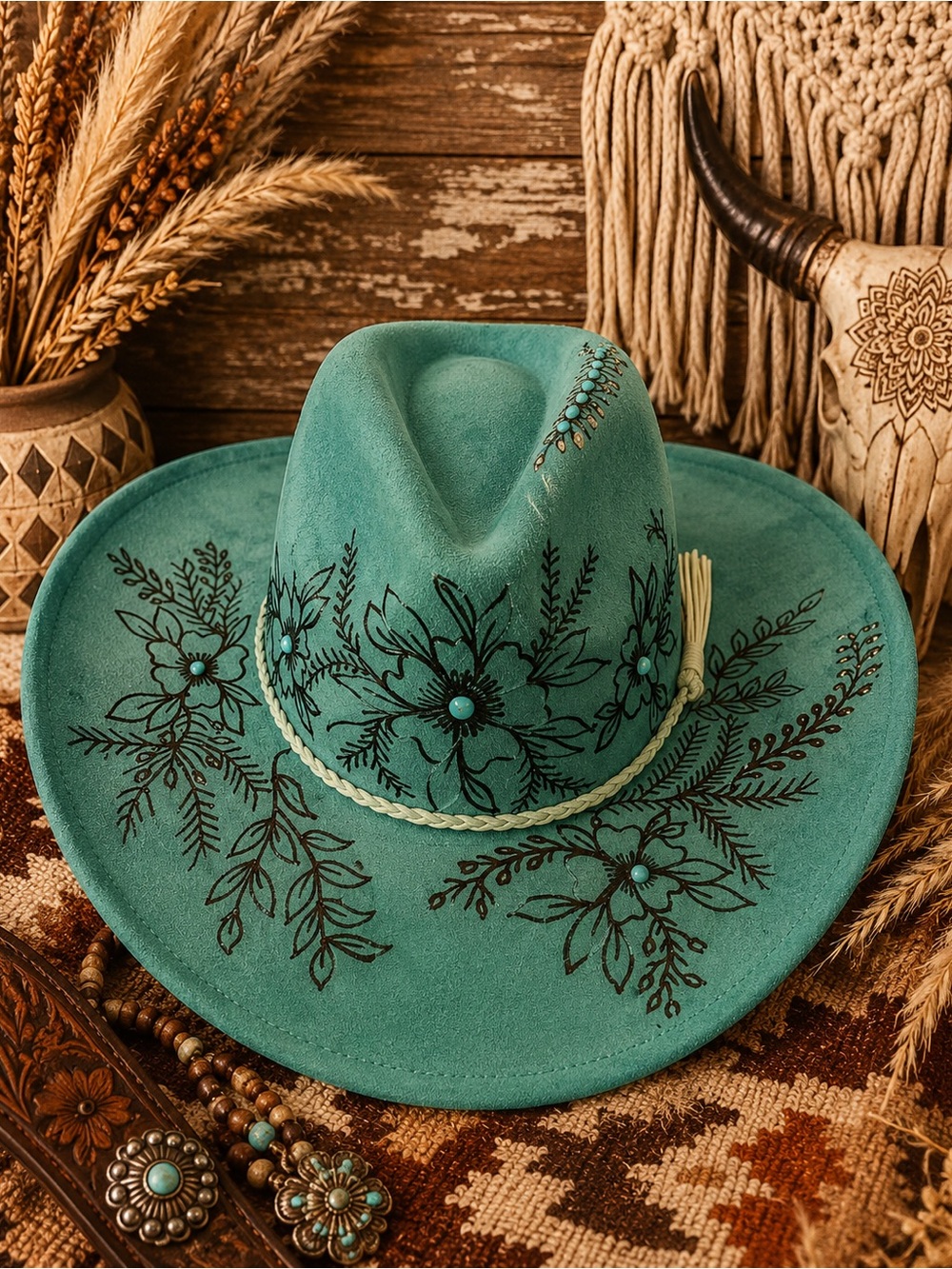Turquoise Floral engraved Western Hat with Braided Band